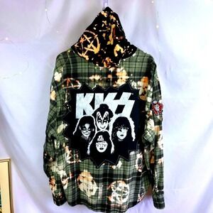 UPCYCLED Flannel Shirt Mens 2X KISS Band Tee Patch Goth Rockabilly Hoodie Punk